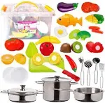 Play Food Set and Cookware Set with Realistic Stainless-Stee<wbr/>l Pots and Pans a...