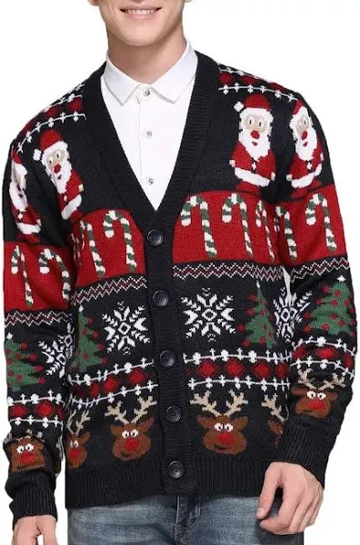 Men's Christmas Rudolph Reindeer Holiday Festive Knitted Sweater Cardigan Cute Ugly Pullover Jumper