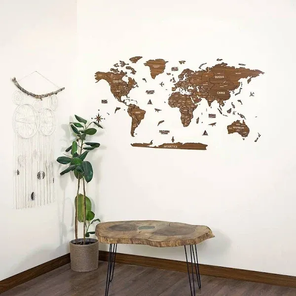 Multilayered 3D Wooden World Map, Travel Map with States and Capitals, Wall Deco