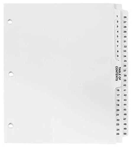 ExhibitIndexes Numbered Dividers 1-50 3 Hole Punched