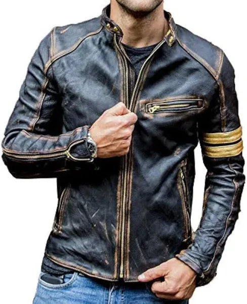 Men’s Motorcycle Biker Vintage Cafe Racer Distressed Black Real Leather Jacket