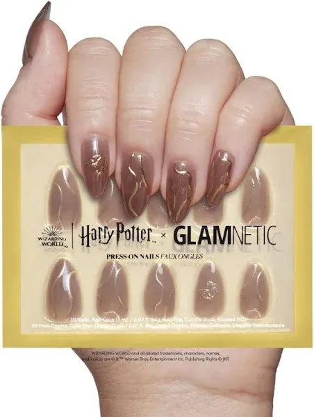 Harry Potter™ x Glamnetic Press On Nails - Golden Cup™ | Semi-Transparent Brown 3D Graphic Short Almond False Nails, Reusable Stick On Fake Nails with Glue | Salon Quality | 15 Sizes - 30 Nail Kit