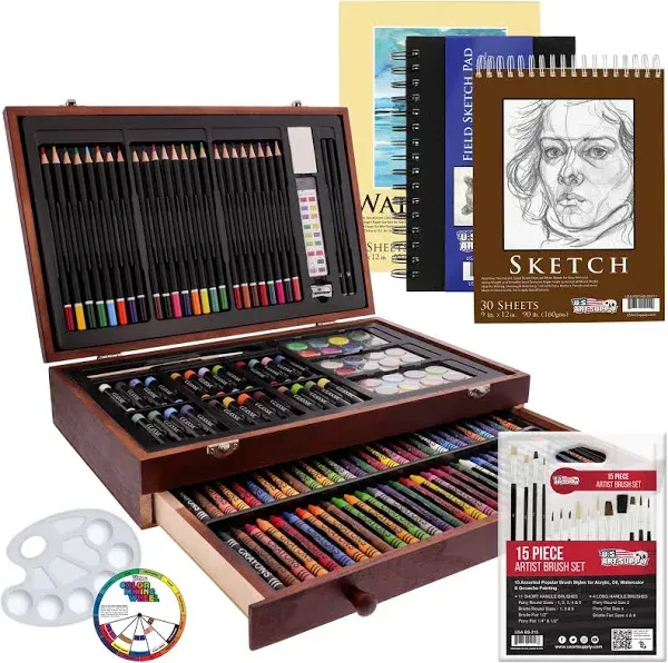 162pc Wood Box Art Painting, Drawing Set, Art Pads, Watercolors, Colored Pencils