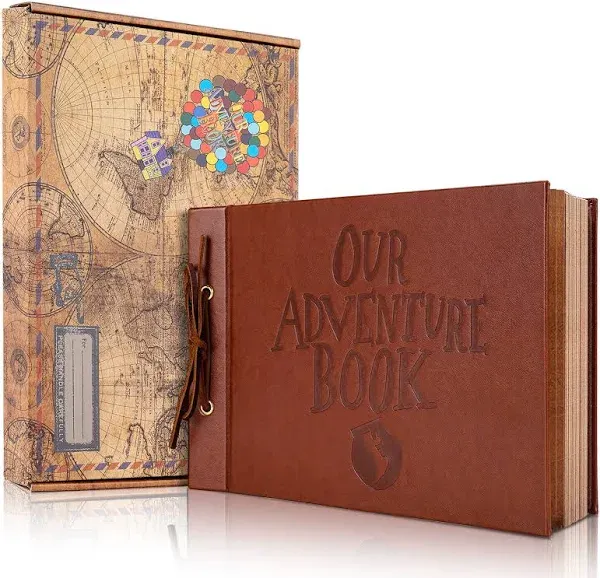 Our Adventure Book Scrapbook Photo Album, 3D Retro Embossed Letter Leather Hard Cover Movie Up Travel Journal Memory Book