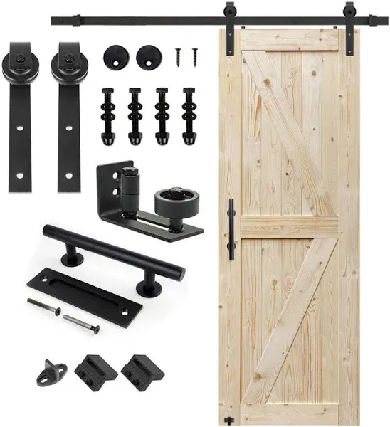 S&amp;Z TOPHAND 36 in x 84 in Brown British Brace Knotty Barn Door with 6.6FT Sliding Door Hardware Kit/Double -Sided Door Handle/Solid Wood/Double