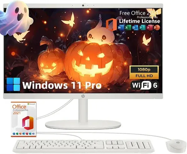 HP All-in-One Desktop with Microsoft Office License & Win 11 Pro, 21.5" FHD Display, 8GB RAM, 512CB SSD, Intel Dual-Core Processor, Intel UHD Graphics, True Vision Camera, WiFi 6, Designed Mouse