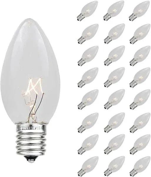 Novelty Lights 25 Pack C7 Outdoor Christmas Replacement Bulbs, Clear, C7/E12 Candelabra Base, 5 Watt