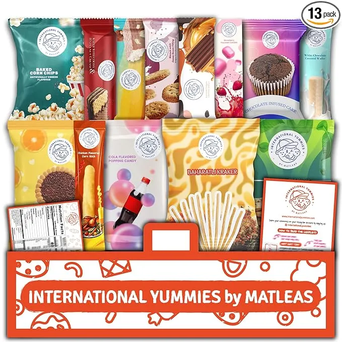 Midi International Snack Box | Premium Exotic Foreign Snacks | Unique Snack Food Gifts Included | Orange Nebula Space Theme | Candies from Around the World | 12 Full-Size + 1 Bonus Snacks