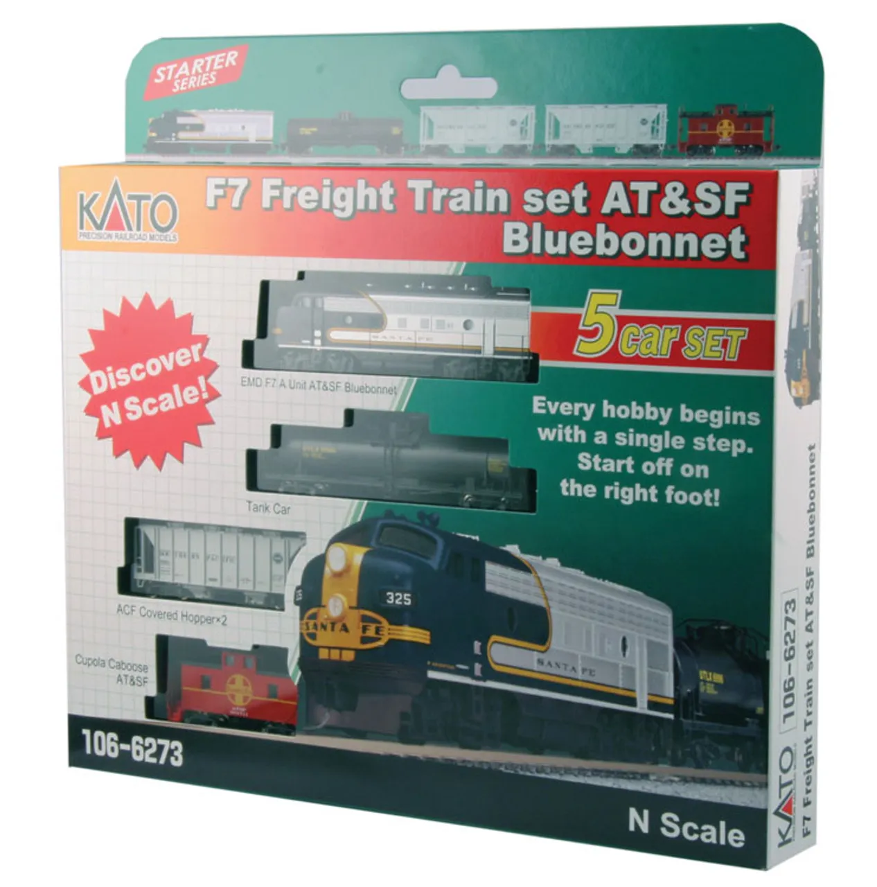 Kato 106-6273, N Scale Starter Series Freight Train Set With EMD F7, ATSF Bluebonnet