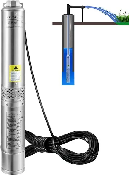 VEVOR Deep Well Submersible Pump, 1HP 230V/60Hz, IP68 Waterproof Grade