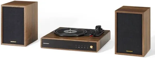 Crosley CR7019A-WA Alto 3-Speed Turntable Shelf System with Bluetooth, FM Radio, and Matching Stereo Speakers, Walnut