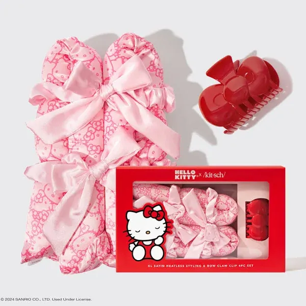 Hello Kitty x Kitsch XL Satin Heatless Styling & Bow Claw Clip | Heatless Curls & Waves, Satin Curling Rod, Iconic Hello Kitty Bow Clip & Scrunchies | Holiday Gift Set for Healthier Hair - 4 Piece Set