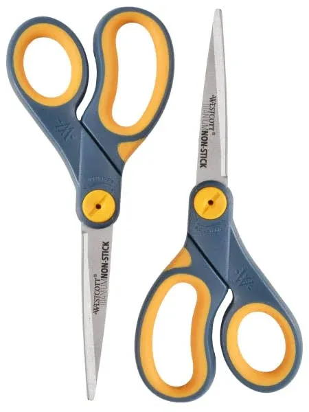 Westcott Titanium Bonded Non-Stick Scissors, 8&#034;, Pointed, Gray/Yellow, 2-Pack