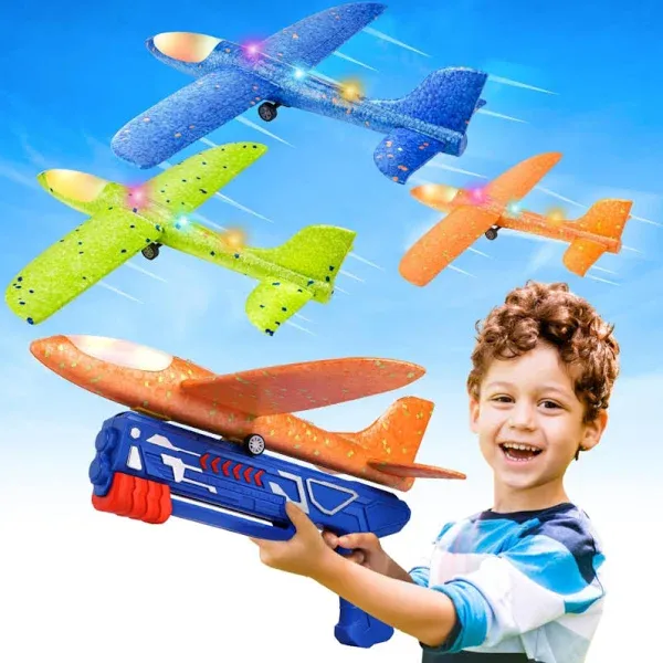 Aiencsai 3 Pack Airplane Launcher Toy, 12.6" Foam Glider LED Plane, 2 Flight Mode Catapult Plane for Kids Outdoor Sport Flying Toys Gifts for 4 5 6 7