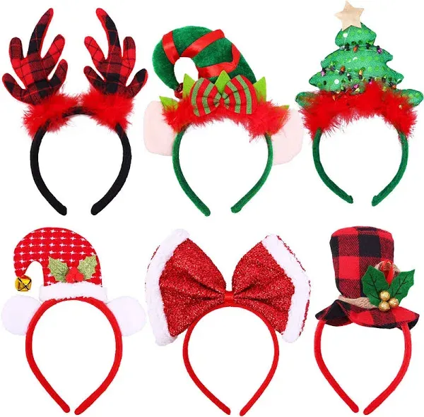  6 Pack Christmas Headbands Buffalo Plaid Reindeer Headbands Christmas Hats 