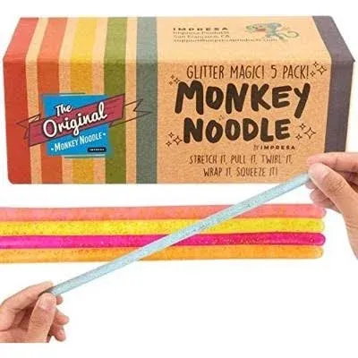 IMPRESA 5-Pack Glitter Original Monkey Noodle Stretchy String Fidget / Sensory Toys (BPA/Phthalate/Latex-Free) - Stretches from 10 Inches to 8 Feet!