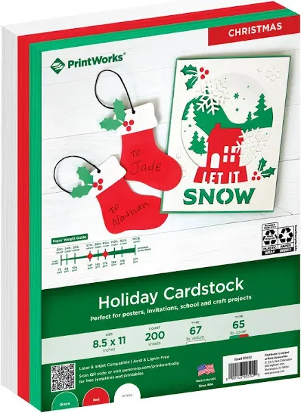 Holiday Cardstock 67lb Heavyweight Cardstock Includes Red Green and White Car...