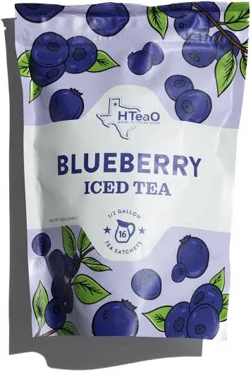 HTeaO Iced Tea Sachets - Blueberry Green Tea Mix for Instant Ice Tea - 8 Gallons Per Package - Real Texas-Style Flavored Iced Tea in 5 Minutes (Pack of 16 Sachet Bags)