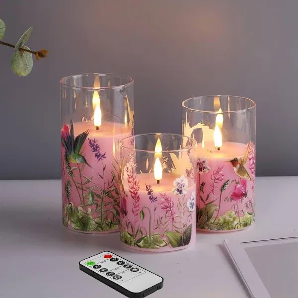 Pink Hummingbird Glass LED Candles with Remote, Flickering Flameless Candles Battery Operated Φ 3" H 4" 5" 6"