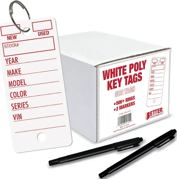 Better Office Products 500 Poly Key Tags 1.375&#034; x 3&#034; Durable Plastic Dealersh...