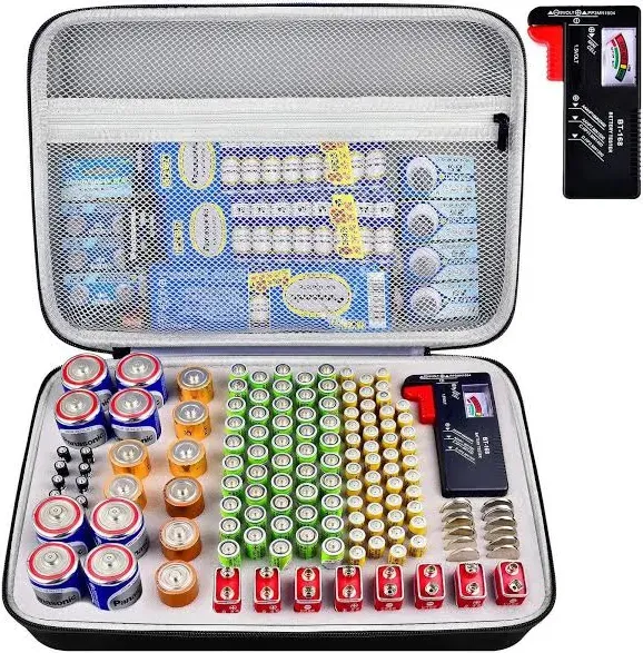 Battery Organizer Case with Tester Storage Holder Garage Box