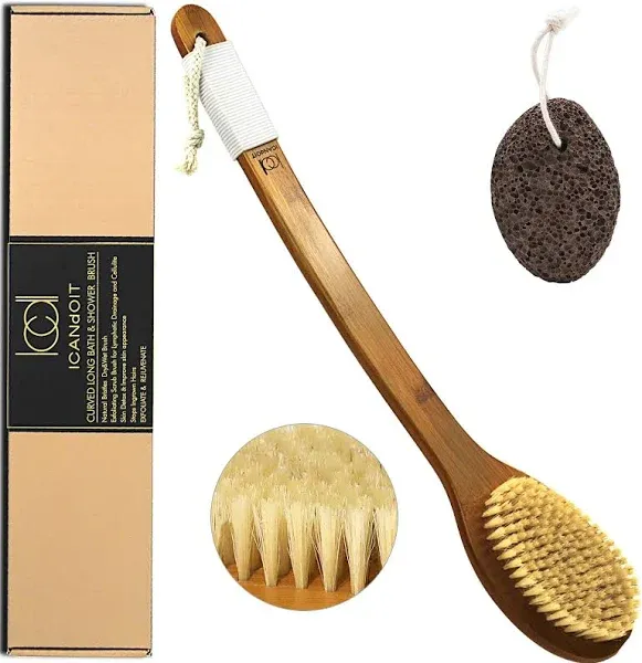 ICANdOIT-17.71<wbr/>Inch Natural Boar Bristles Anti-Slip Long Handle Bath Brush,Ben...