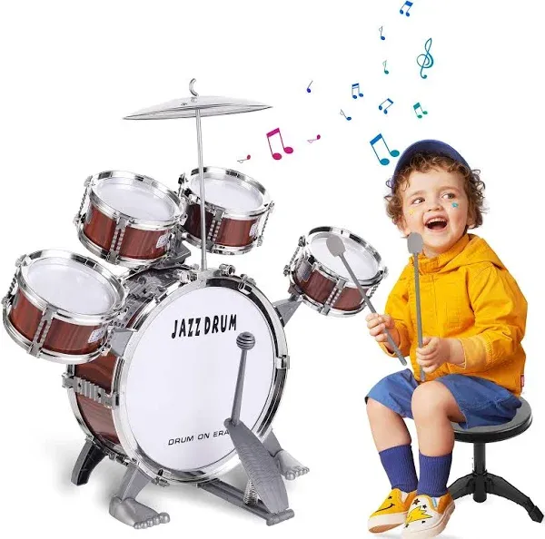 Kids Drum Set, Toddler Jazz Drum Kit 10 PCS Toys 5 Drums with Stool Pedal Red