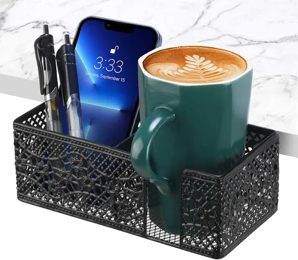 Aurynns Desktop Cup Holder with Clip and Stationery Organizer, Ideal for Storing Drinks, Stationery and Mobile Phones (Black)