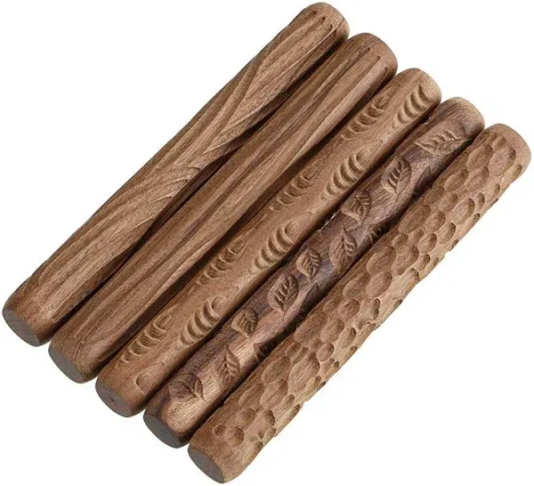 OwnMy Set of 5 Clay Modeling Pattern Rollers Kit, Fish Leaves Cobblestone Ripple Wood Grain Pattern 4.7 in Clay Rolling Pin Textured Hand Roller Woode