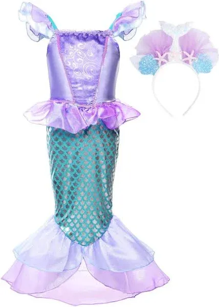 Girls Princess Mermaid Costume Cosplay Party Dress (7, Purple with Accessories)