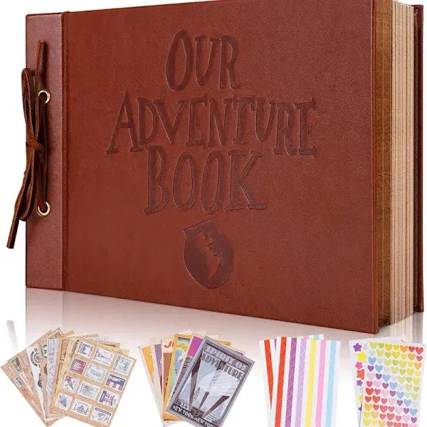 Our Adventure Book Scrapbook Album 11.9 X 7.6 Inch 80pages,3d Retro Embossed Letter Leather Hard Cover Movie Up,Memory Book For Couples,Wedding,Gifts For Boyfriend,Couples Gift Ideas,Anniversary