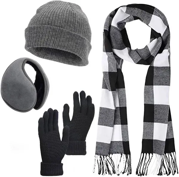 Scarf and Gloves Set - Knitted Winter Warmer Set, Winter Gloves Plaid Scarf B...