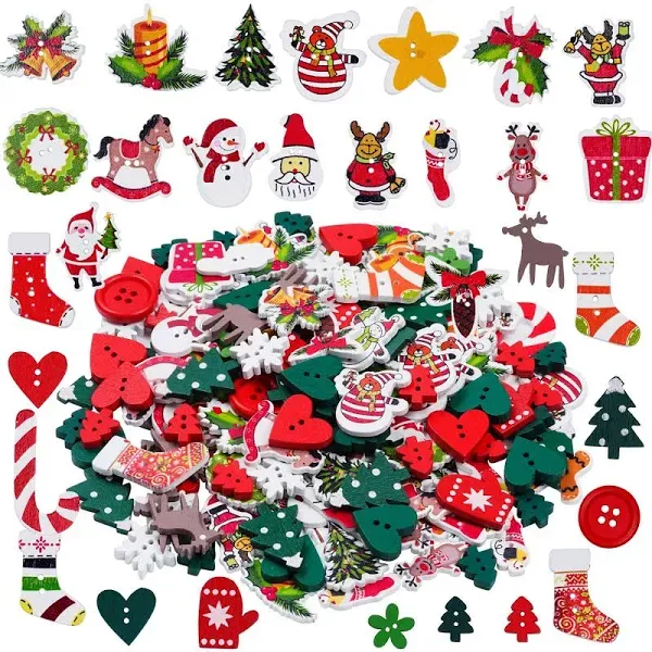 200 Pieces Christmas Wooden Buttons Assorted Christmas Art Craft Buttons for Handmade Project, Mixed Sizes and Styles