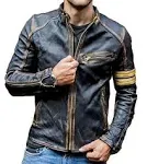  Men’s Vintage Black Motorcycle Cafe Racer Distressed Black Leather Jacket