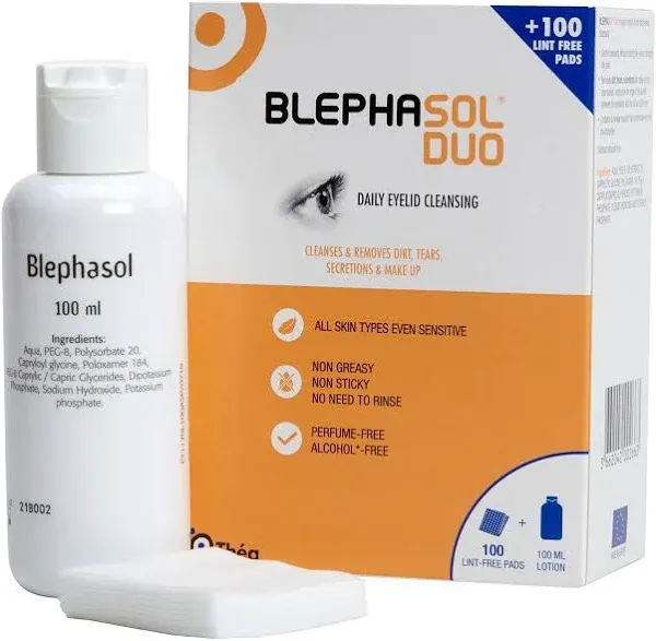 Thea Pharma Blephasol Duo Eyelid Hygiene Solution - Pack of 2 x 100ml &amp; 100 Pads