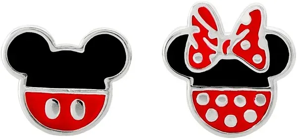 Disney Mickey Mouse and Minnie Mouse Mismatched Stud Earrings, Silver Plated