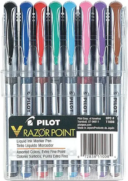 Pilot V Razor Point Liquid Ink Markers, Assorted Color Inks, 8-Pack Pouch (11008