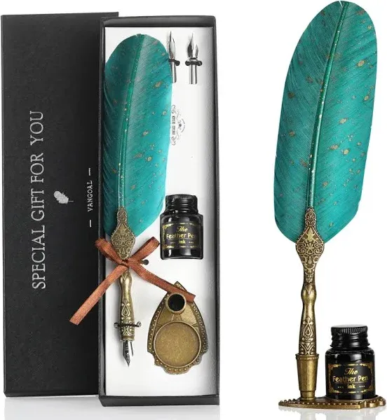 Feather Pen and Ink Set, Glittering Quill Pen Set Antique Calligraphy Dip Pen wi