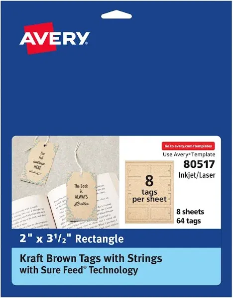 Avery®  Kraft Brown Rectangle Tags with Sure Feed®  Technology, 2" x 3.5", Laser/Inkjet, 64 Tags with Strings (80517) | Avery.com