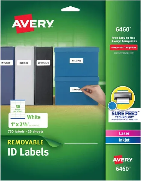 Avery® Removable Multi-Use Labels, Inkjet/Laser Printers, 1 x 2.63, White, 30/Sheet, 25 Sheets/Pack (AVE6460)