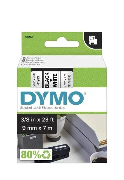 DYMO® D1 High-Performance Polyester Removable Label Tape, 0.37" x 23 ft, Black on White (DYM41913)