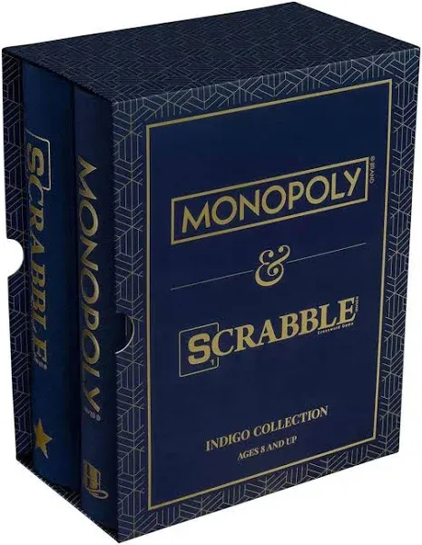 WS Game Company Monopoly and Scrabble Indigo Bookshelf Game Collection