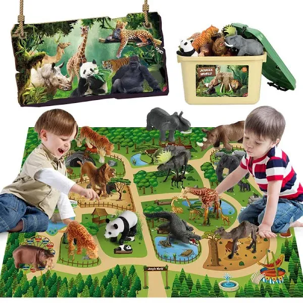 Mini Tudou 12 Pcs Safari Animals Figures Toys w/ 57x38.6’’ Large Activity Pla...