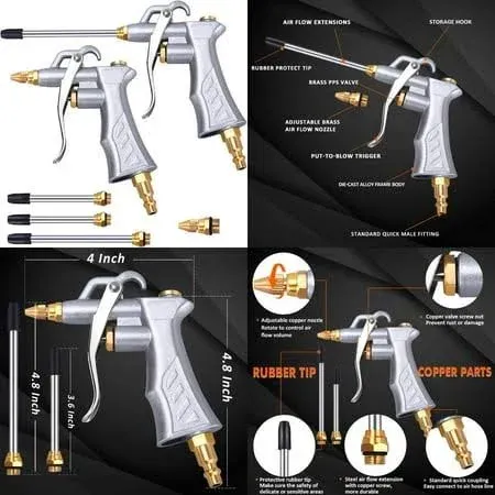 Industrial Air Blow Gun with Brass Adjustable Air Flow Nozzle and 2 Steel Ext...