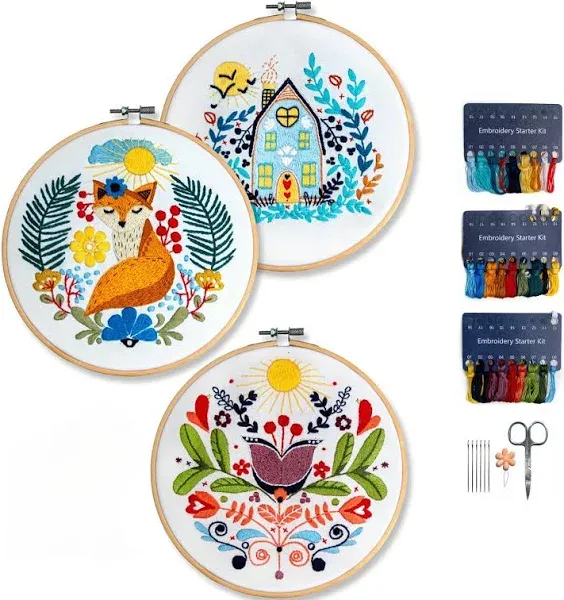 3-Pack Beginner Embroidery Kit for Adults | Scandinavian Folk Art Hand Embroi...