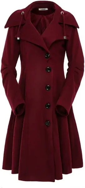 ForeMode Women Swing Double Breasted Wool Pea Coat with Belt Buckle Spring Mid-Long Long Sleeve Lapel Dresses Outwear