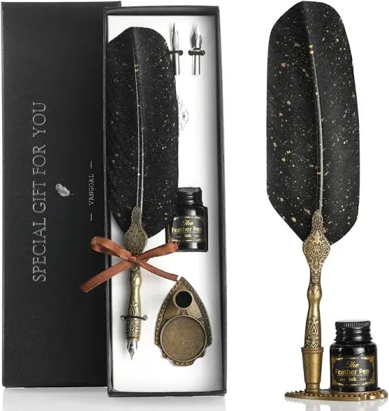 VANGOAL Vintage Black Feather Pen and Ink Set