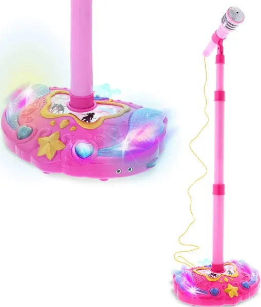 Mozlly Super Star Kids Karaoke Machine with Microphone Stand Playset - Pink Microphone with Stand with Built-in Jack and Speaker for MP3 Player, Singing Toys for Girls and Boys with Music and Light