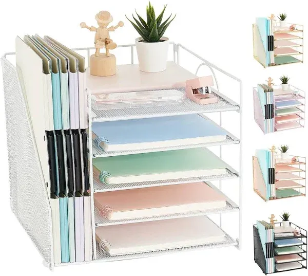 AUPSEN Office Desk Organizer, 5-Tier Paper Letter Tray with File Holder Multifunction Office Supplies and Accessories for Office School Home (White)