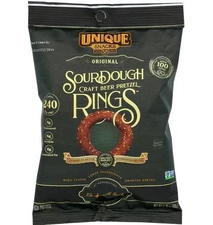 Unique Snacks Sourdough Craft Beer Pretzel Rings, Delicious Homestyle Baked Snack Bag, Vegan, OU Kosher, and Non-GMO Food, No Artificial Flavor, 2.12 Oz. Bag, Pack of 24